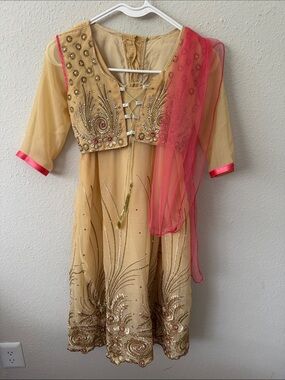 Salwar Kameez Girls Formal Dress in Gold with Pink Dupatta - Salwar Kameez